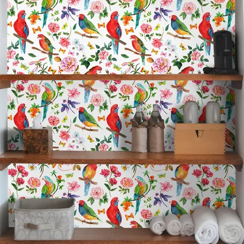 Vista 2 de Papel tapiz de 24 x 118 pulgadas de ancho, diseño floral de peonía y pájaro, papel tapiz de hojas de vinilo extraíble, autoadhesivo de mariposa