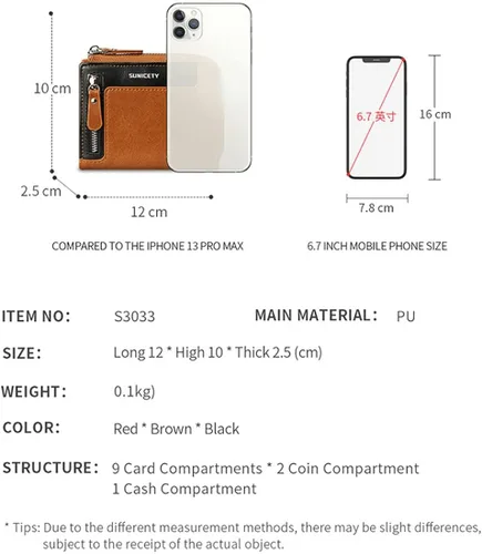 Vista 8 de Cartera de cuero a la moda corta con cremallera RFID función multitarjeta, cartera RFID para hombres, Marrón