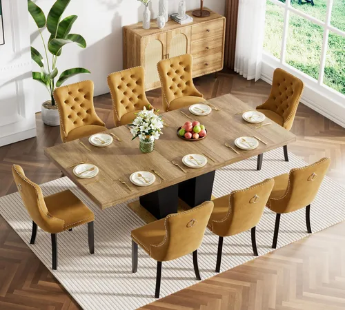 Vista 13 de Juego de mesa de comedor extensible marrón de 63 a 78.74 pulgadas para 4, juego de mesa de comedor de 5 piezas con 4 sillas, mesa de cocina