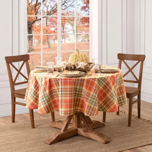 Vista 2 de Elrene Home Fashions Hawley - Mantel redondo de algodón a cuadros para otoño, cosecha/Acción de Gracias, 70 x 70 pulgadas