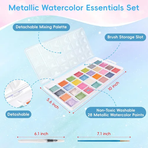 Vista 3 de Pintura de acuarela, 28 colores metálicos, lavable, juego de pintura de acuarela con un pincel, un bolígrafo y paleta de pincel de agua recargable