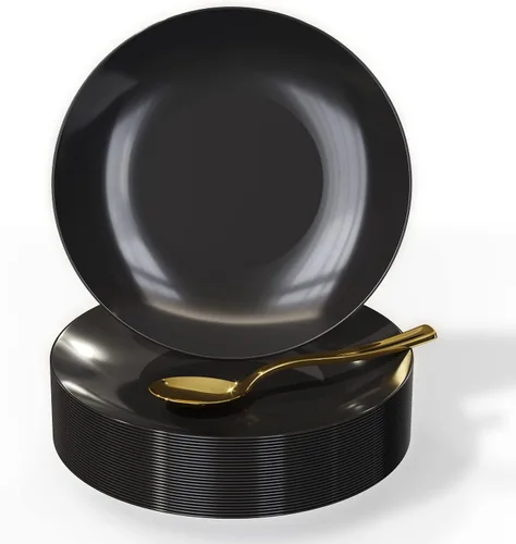 Vista 2 de Trendables Platos de postre desechables de 120 quilates con cucharas doradas (sirve para 60 personas), platos de plástico pequeños negros