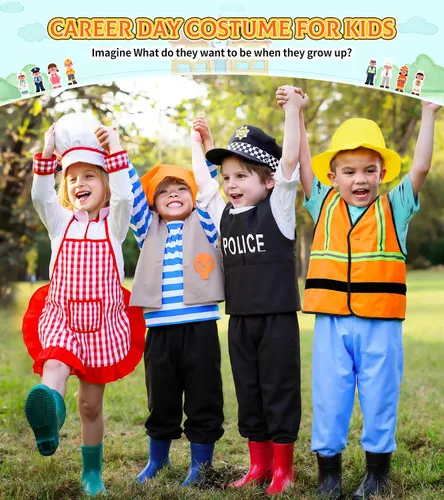 Vista 2 de Jeowoqao Conjunto de disfraces para niños, juego de rol para niños, 11 piezas, traje de pirata, chef, trabajador de construcción, disfraz de policía