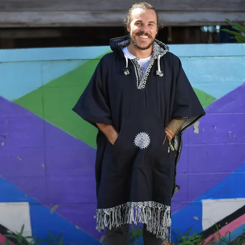 Vista 3 de virblatt - Poncho mexicano para hombre 100% algodón poncho de manta reversible poncho de lana hippie Baja con capucha pancho