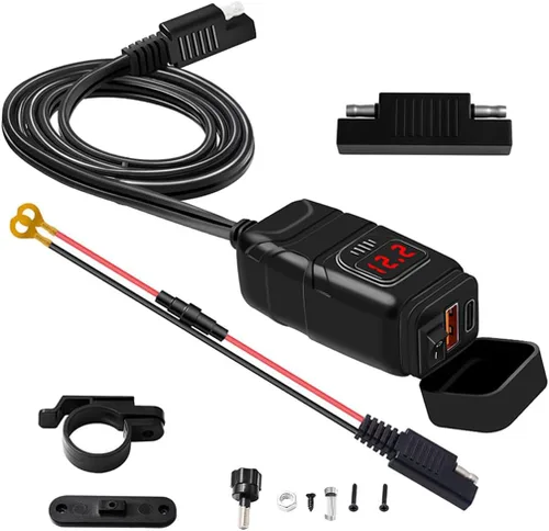 Vista 7 de Ankuee Cargador de teléfono USB para motocicleta, adaptador SAE a USB impermeable con voltímetro e interruptor de encendido/apagado, cargador doble