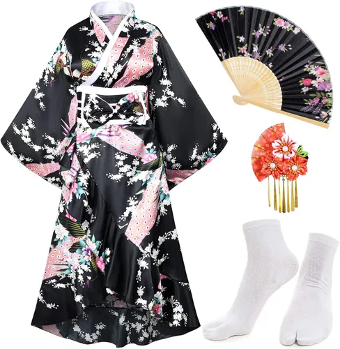 Vista 2 de Elibelle Kimono para mujer Geisha Yukata Sweet Tuxedo Ruffle Dress Blossom Satin Bathrobe Sleep Fan Tabi Socks Set