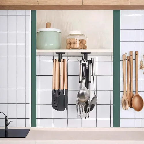 Vista 5 de 2 ganchos para debajo del gabinete para utensilios de cocina, ganchos giratorios de 360°, estante adhesivo de almacenamiento de cocina que ahorra