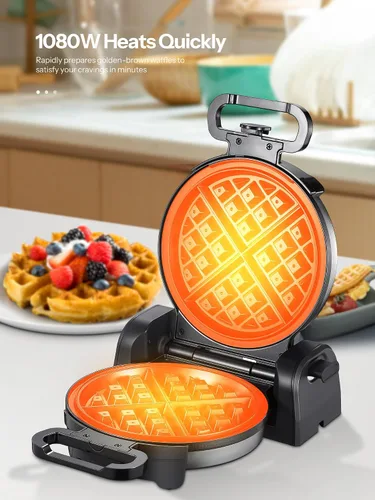 Vista 2 de Máquina para hacer gofres, plancha redonda clásica belga para gofres con diseño giratorio de 180°, placas antiadherentes y mango de tacto frío