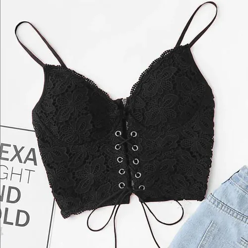 Vista 2 de Sujetador de encaje sexy con tirantes delgados para mujer, sin costuras, cierre trasero, sujetador corto con cremallera