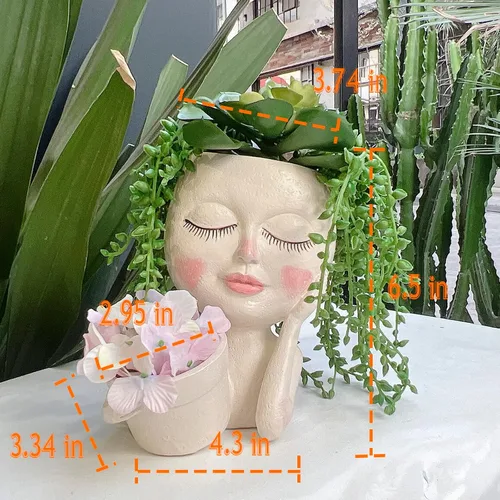 Vista 3 de Maceta con Rostro - Macetas Dobles para Plantas de Interior y Exterior, Resina, Cabeza de Planta con Agujero de Drenaje, Linda Cara de Dama, Macetas