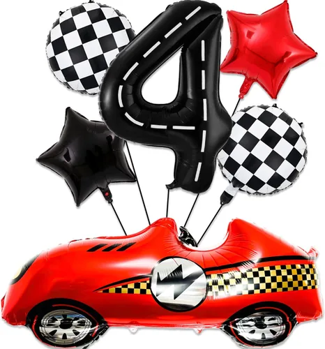 Vista 8 de Decoraciones de cumpleaños de carreras de 1 año, globos rojos grandes de coche de carreras de 40 pulgadas, globo negro número 1, globo a cuadros