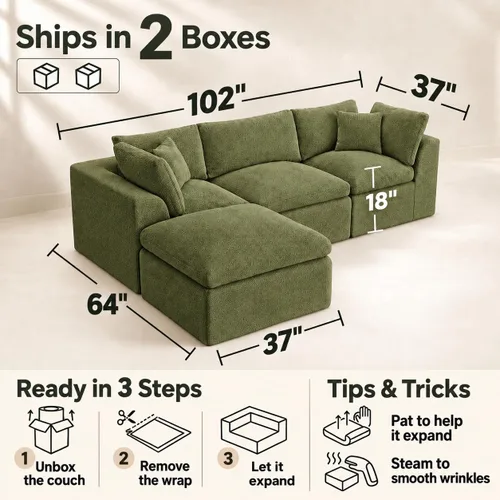 Vista 2 de Sofá modular en forma de L de 102 pulgadas para sala de estar, moderno sofá modular con otomana, cómodo sofá de espuma viscoelástica de felpilla sin