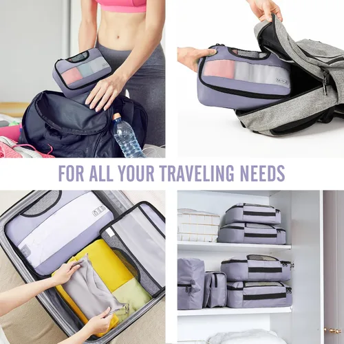 Vista 7 de Veken Juego de 8 cubos de embalaje para artículos esenciales de viaje, bolsas organizadoras de maleta en 4 tamaños, accesorios de equipaje de mano