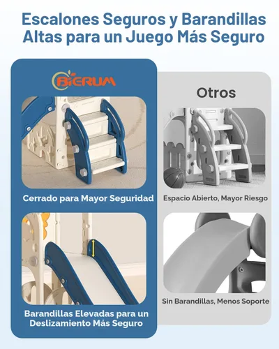 Vista 5 de BIERUM Tobogán para niños, juego de 6 en 1 para interiores y exteriores con aro de baloncesto, juego de golf y telescopio, juego de tobogán y Azul