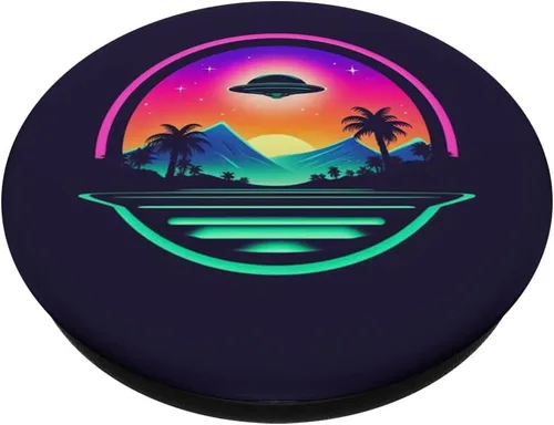Vista 2 de Retro UFO Alien Landscape Synthwave Estético UAP PopSockets Intercambiable PopGrip