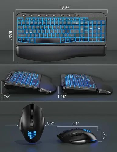 Vista 9 de SABLUTE Combo de teclado y mouse inalámbrico ergonómico, MA12Pro Wave teclado con reposamuñecas de cuero para escribir cómodamente, retroiluminación