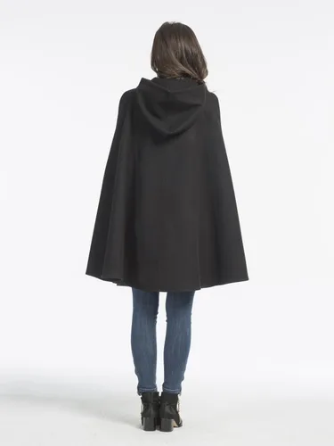 Vista 6 de Clothink Poncho frontal dividido de lana negra para mujer, Negro