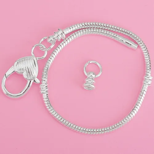 Vista 3 de rubyca 10pcs blanco bañado en plata corazón langosta Cadena de Serpiente Europea Pulsera de Perlas de Fit Encanto