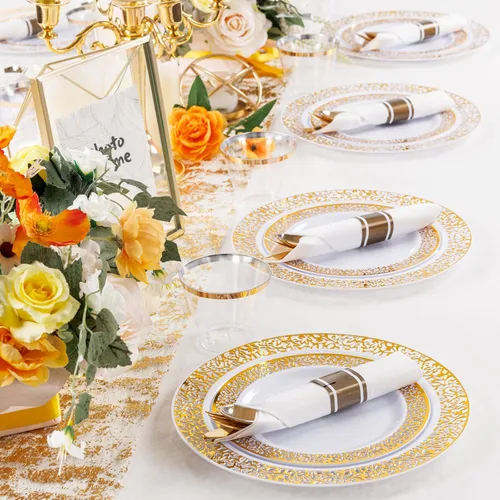 Vista 5 de WELLIFE Juego de vajilla para 50 invitados, platos de plástico dorados, platos para Fiestas elegantes Desechables incluyen: 50 platos llanos, 50