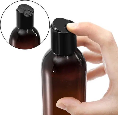 Vista 4 de Bekith Paquete de 16 botellas de plástico vacías ámbar de 8 onzas con tapa abatible superior de disco; recipientes recargables sin BPA para champú