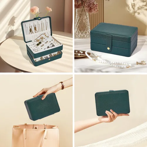 Vista 7 de BUTI4WLD Joyero pequeño, cajas de joyería para mujeres y niñas, caja organizadora de joyas, 2 capas organizador de almacenamiento de joyas de viaje