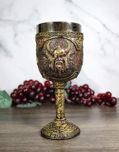 Vista 7 de Ebros Mitología nórdica Viking Alfather Odin God Of Asgard 7oz resina vino cáliz cáliz con forro de acero inoxidable regla asgardiana Thor Loki