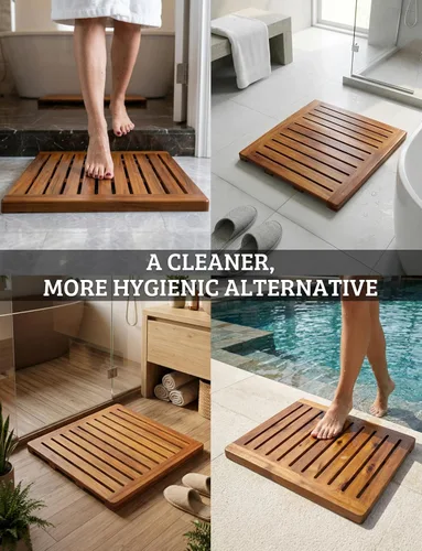 Vista 8 de Alfombra de ducha de madera de acacia 21x21 pulgadas de Demigo, lujosa alfombra de baño antideslizante para baño, bañera, ducha, spa, jardín, hogar