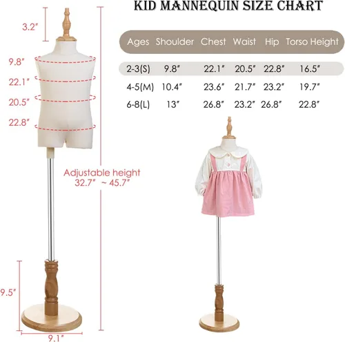 Vista 3 de Maniquí de forma de vestido para niños con soporte de madera para ventana de ropa (S(2-3 años))
