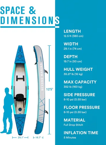 Vista 4 de BEYOND MARINA - Kayak inflable para 1, 2 y 3 personas para adultos - Kayak de costura completa con remos de aluminio, asientos, reposapiés, bomba