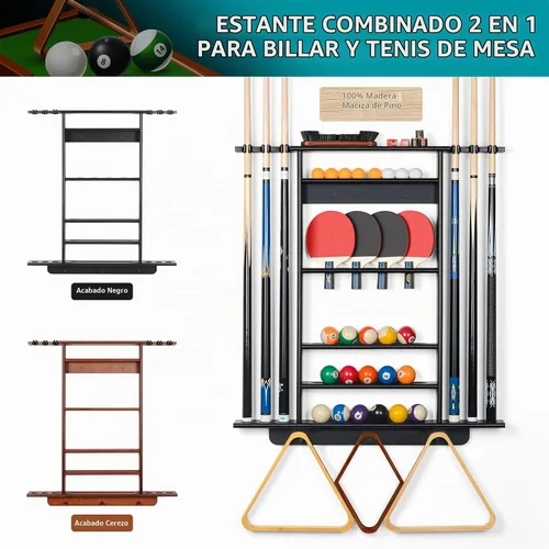 Vista 3 de XCSOURCE Soporte para Tacos de Piscina - Soporte 2-EN-1 para Tacos de Billar y Palas de Ping Pong, Montaje en Pared de Madera de Pino Macizo