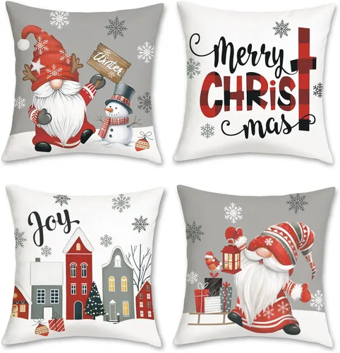 Vista 7 de Bonhause Juego de 4 fundas de almohada de gnomos de Navidad de 18 x 18 pulgadas, diseño de árbol de Navidad, camión rojo, para sofá, hogar