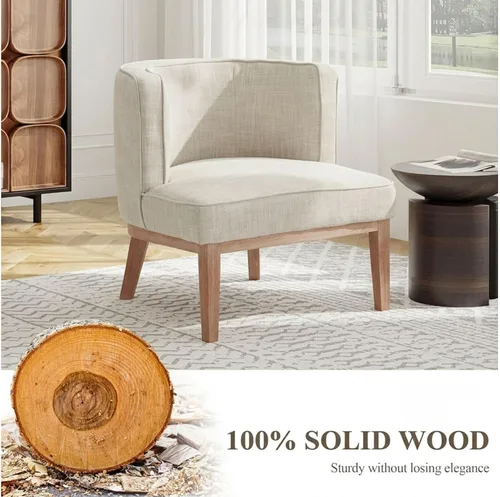Vista 5 de Silla de barril beige con marco de madera maciza, silla decorativa redonda pequeña, cómoda silla de lino para sala de estar