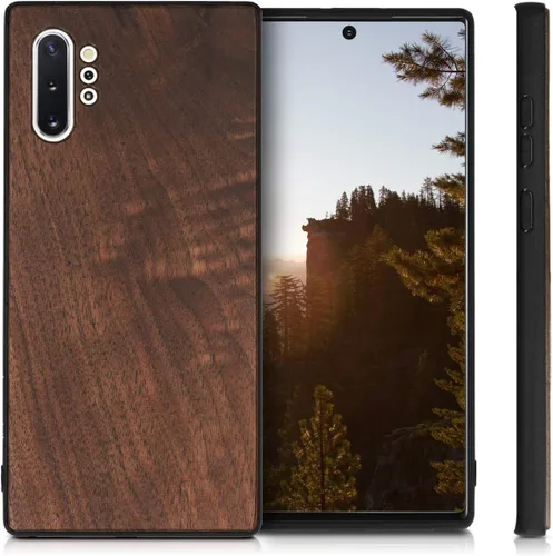 Vista 5 de kwmobile Funda de madera real compatible con Samsung Galaxy Note 10 Plus, cubierta de madera dura con parachoques de TPU, color marrón oscuro