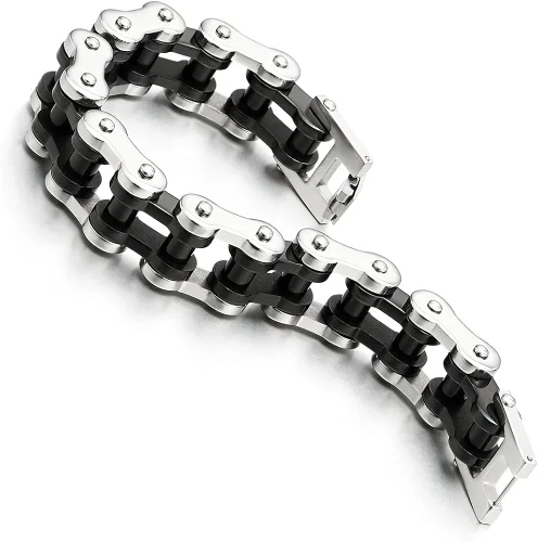 Vista 3 de Pulsera de cadena de motocicleta resistente para hombre, de acero inoxidable, color plateado, pulido