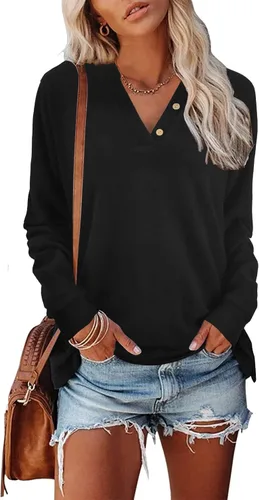 Vista 2 de Heymiss Suéteres Henley de manga larga para mujer, a la moda de otoño, tallas S-2XL