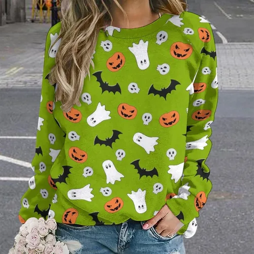 Vista 2 de QANSI Sudadera de Halloween para mujer, cuello redondo, talla grande, estampada, de gran tamaño, casual, holgada, de manga larga
