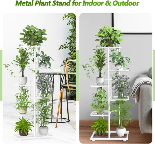 Vista 5 de Soporte para plantas de 6 niveles y 7 macetas para interiores con herramientas y guantes de jardinería, organizador de estantes de metal esquineros