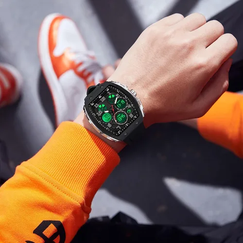Vista 3 de Relojes para hombre, únicos rectángulos, reloj de pulsera blanco con pantalla digital analógica de doble hora, cronómetro de cuenta regresiva