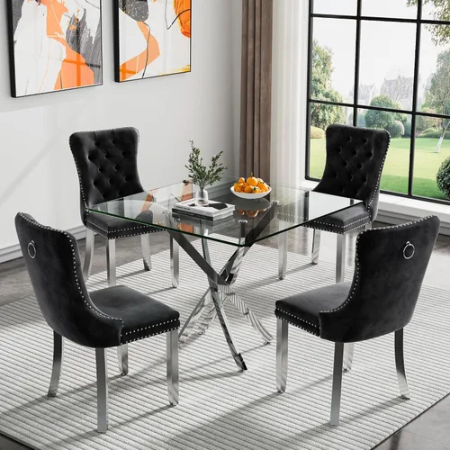 Vista 114 de Juego de mesa de comedor SSLine moderno de 3 piezas con mesa redonda de vidrio para 2, lujosa mesa de comedor circular de 36" con tapa de vidrio