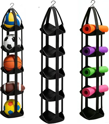 Vista 8 de BOXIN Organizador de almacenamiento de bolas colgantes de 5 niveles con gancho para todas las pelotas deportivas, organizador de equipo deportivo