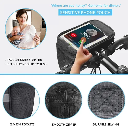Vista 3 de Bolsa de Manillar para Bicicleta Infantil con Montura para Teléfono y Enfriador - Cesta Frontal para Bicicleta de Niños, Niñas, Niños Pequeños