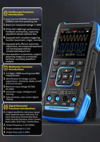 Vista 2 de 【FNRSI Actualizado 2C53T con 2 Sondas P6100】 Osciloscopio/Multímetro/Generador de Señal DDS 3 en 1, Ancho de Banda de 50MHz, Frecuencia de Muestreo