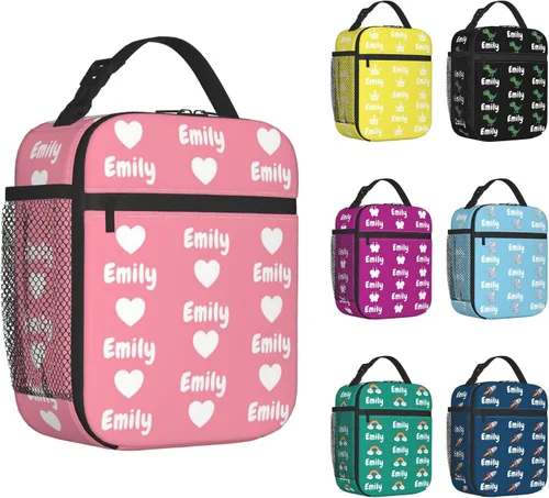 Vista 13 de Lonchera personalizada para hombres, mujeres y adultos con nombre, imagen, texto, foto, bolsa de almuerzo aislada personalizada para el trabajo