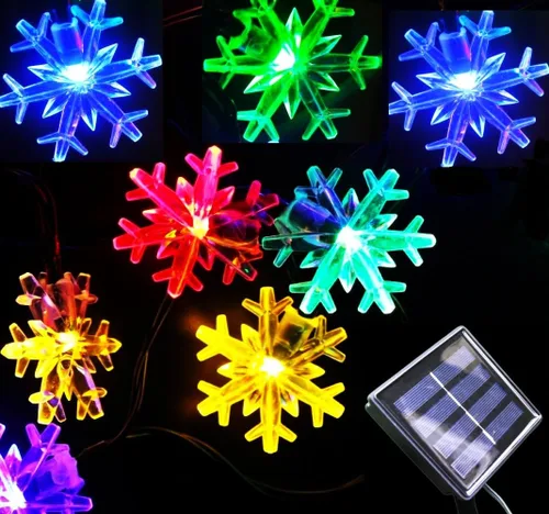 Vista 10 de Luces solares de Navidad para exteriores, impermeables, decoraciones de 20 pies, 30 luces LED de copo de nieve con 8 modos de iluminación