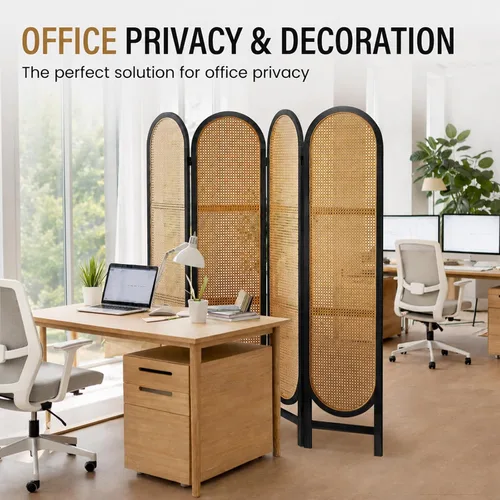 Vista 6 de Divisor de habitación de ratán arqueado de 5.6 pies, pantalla de privacidad plegable, 4 paneles independientes con bisagras dobles, divisor