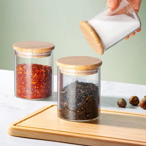 Vista 5 de COCOYA Tarros de vidrio de 12 onzas con tapa de bambú, recipientes de vidrio grueso transparente para especias té y hierbas, pequeños frascos