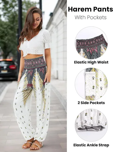 Vista 4 de QIANXIZHAN - Pantalones harén para mujer, pantalones bohemios de yoga con cintura alta y bolsillos