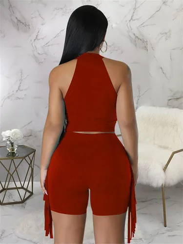 Vista 3 de acelyn Conjunto de 2 piezas para mujer, sexy, sin mangas, con borlas, pantalones cortos de verano