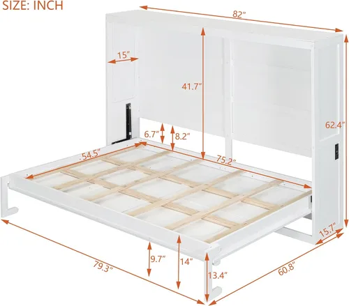 Vista 2 de Cama Murphy de tamaño matrimonial con estación de carga, marco de cama de pared de madera que ahorra espacio se puede plegar, armario de cama cubo