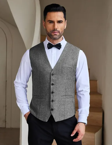 Vista 2 de COOFANDY Chaleco de traje casual para hombre, chaleco formal ajustado para negocios, chaleco de deshierbe